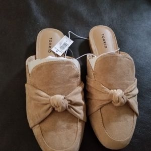 Tan Faux Suede Bow Loafer Mule